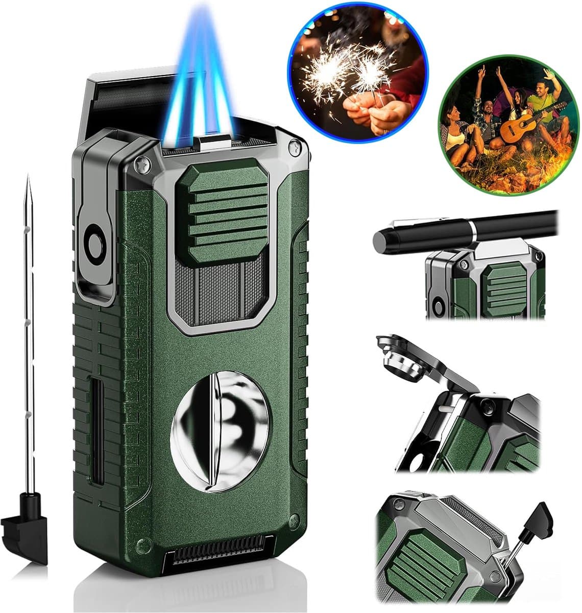 5-In-1 Multifunctionele Zaklamp Aansteker - 3 Jet Aansteker Met Snijder - Navulbare Butaan Aansteker - Kaarsenaansteker