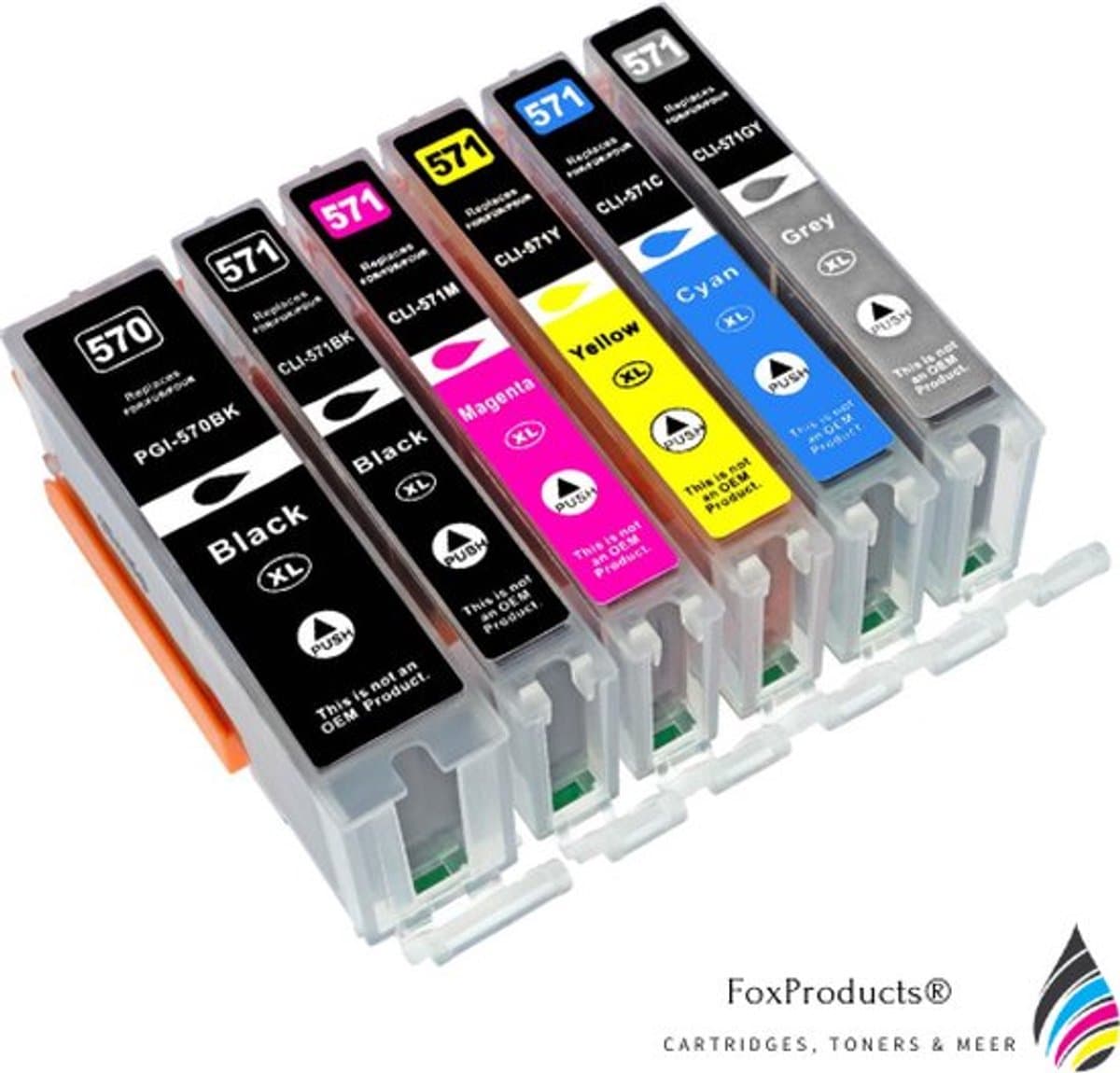 FoxProducts® 6x PGI-570 / CLI-571 570 571 XL inktcartridges - Multipack + Grijs - Geschikt voor Canon Pixma MG7750, MG7751, M7752, MG7753, TS8050, TS9050, TS9055