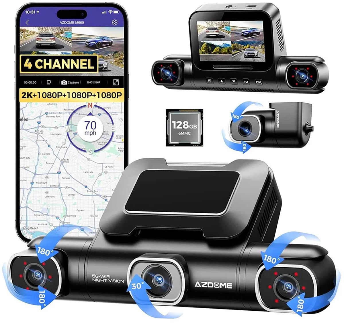 AZDOME M660 2K 4CH 360° Dash Cam - 4 Camera's (voor + achter + links + rechts), Ingebouwde 128GB eMMC & Auto Parkeermodus, GPS, 5G WiFi, 3" Touchscreen, G-Sensor & IR Nachtzicht - Auto Beveiliging - Haarscherpe Nachtzicht - Dashcam Auto 2026 Model