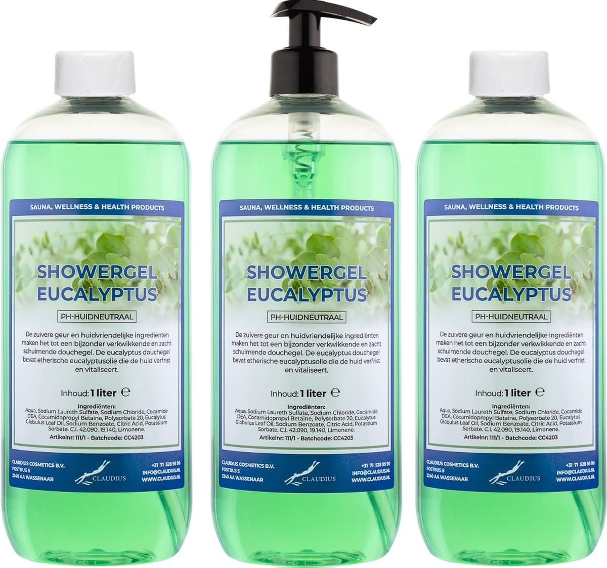 Claudius Douchegel Eucalyptus 1 liter - set van 3 stuks - met gratis pomp - Showergel