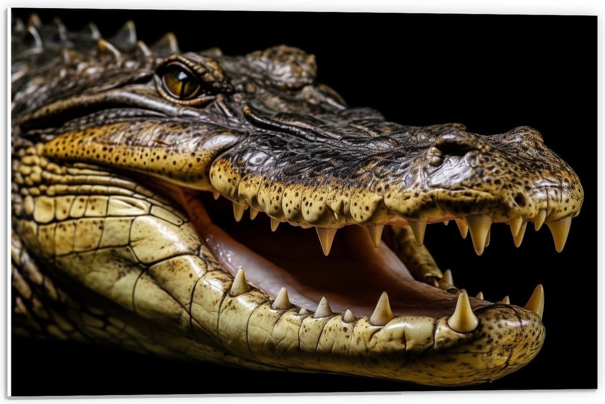 PVC Schuimplaat- Krokodil opent zijn bek en laat tanden zien voor zwarte achtergrond - 60x40 cm Foto op PVC Schuimplaat