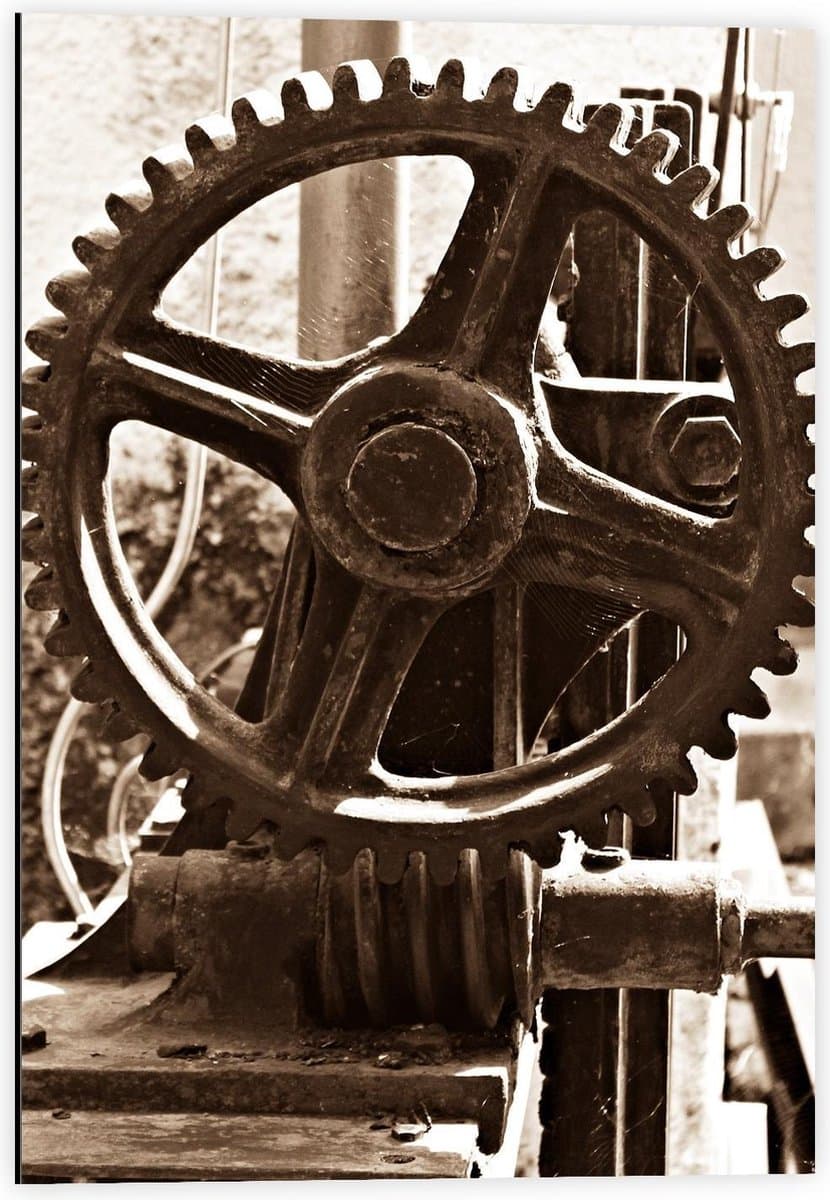 Dibond - Machine met Tandwiel - 40x60cm Foto op Aluminium (Wanddecoratie van metaal)