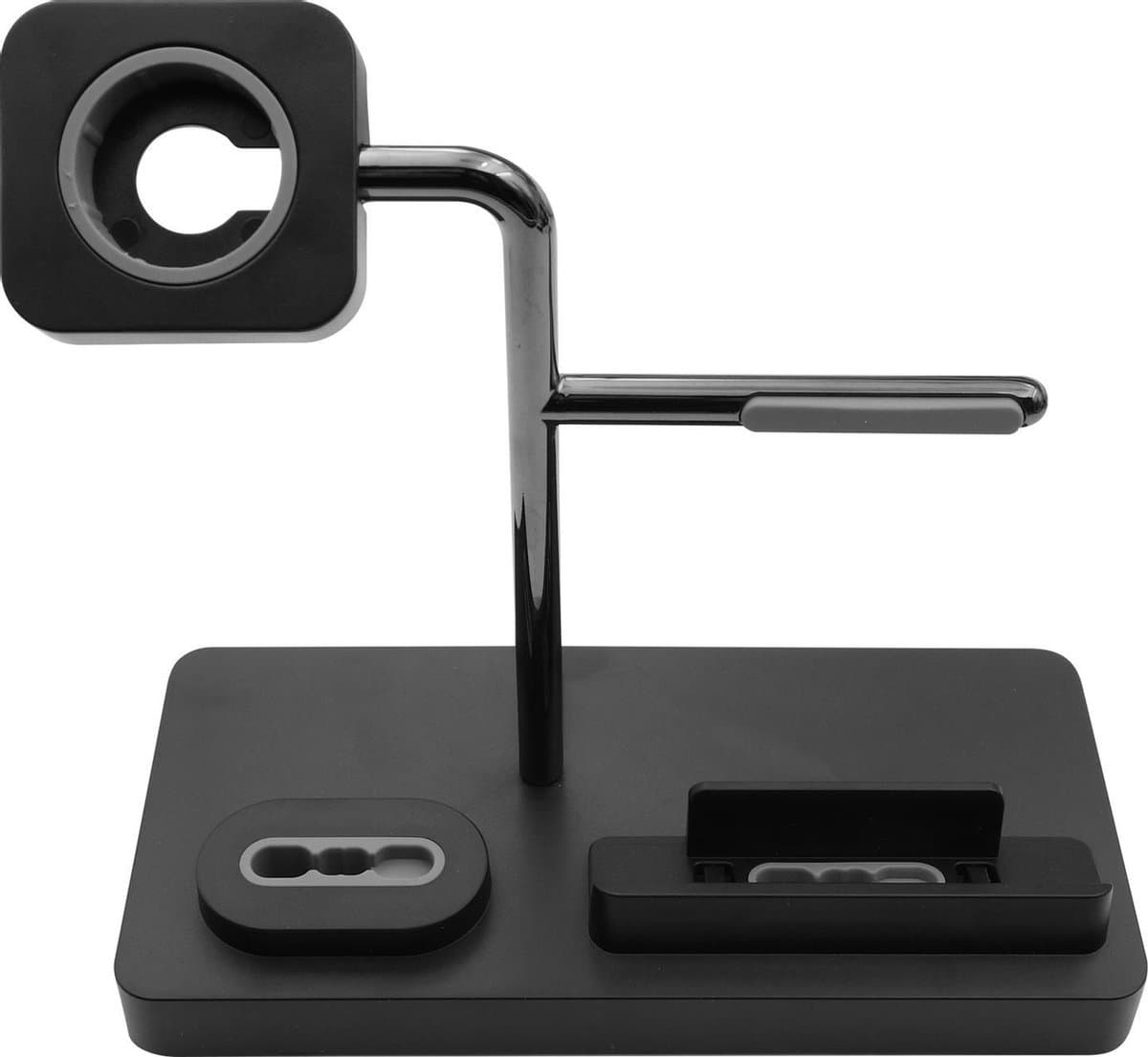 Macally MWATCHSTAND3 3-in-1-standaard voor Apple Watch Series Ultra, 10, 9, 8, 7, 6, 5, 4, 3, 2, 1, SE, iPhone (met USB-C, Lightning), AirPods 4, AirPods Pro 2, AirPods (3e gen., 2e gen.) - Zwart - Oplaadkabels niet inbegrepen!