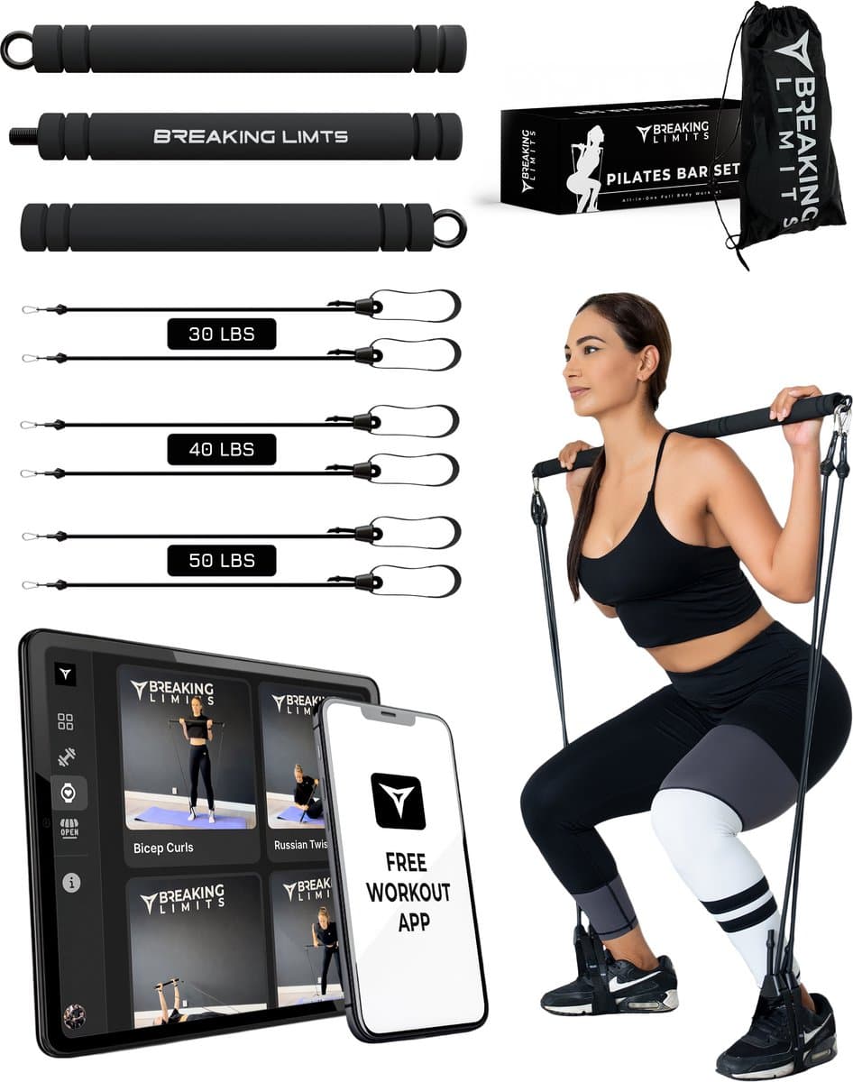 Breaking Limits Pilates Bar – Weerstandsbanden - Resistance Band Set – Fitness Elastiek – Sport Elastiek Banden – Pilates Board – Yoga & Fitness