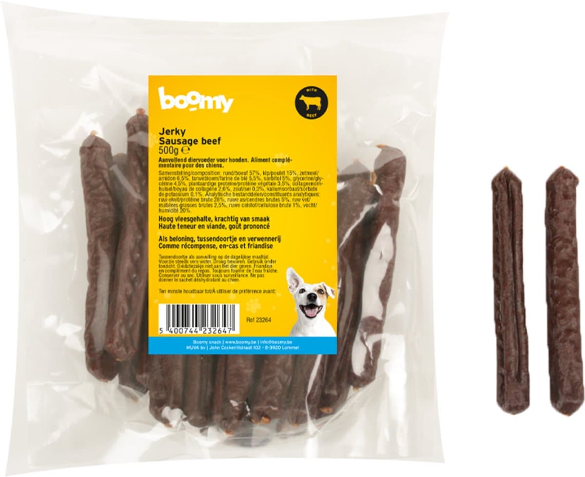 Boomy - Hondensnacks - Hondensnoepjes - Gezonde beloningssnoepjes - Vlees worstjes - 12cm - Rund - 500g