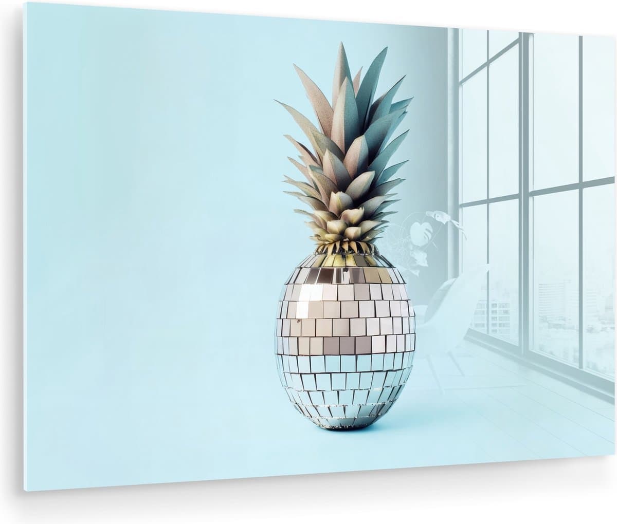 MuchoWow® Glasschilderij 90x60 cm - Schilderij acrylglas - Blauw - Ananas - Disco - Discobal - Foto op glas - Muurdecoratie woonkamer - Wanddecoratie slaapkamer - Schilderijen
