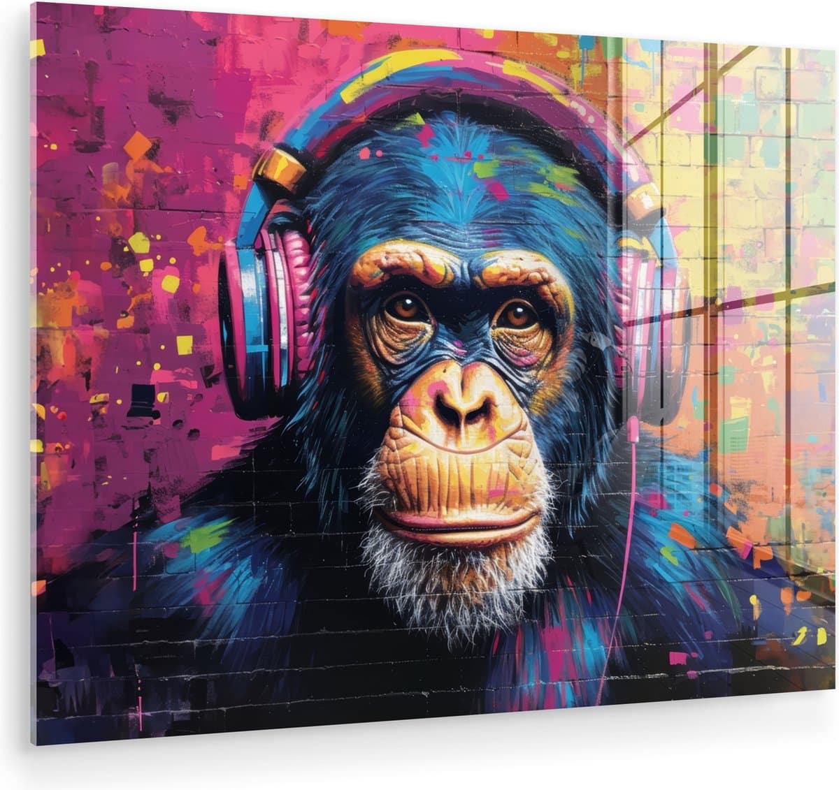 MuchoWow® Glasschilderij 40x30 cm - Schilderij acrylglas - Graffiti - Chimpansee - Street art - Koptelefoon - Aap - Foto op glas - Muurdecoratie woonkamer - Wanddecoratie slaapkamer - Schilderijen