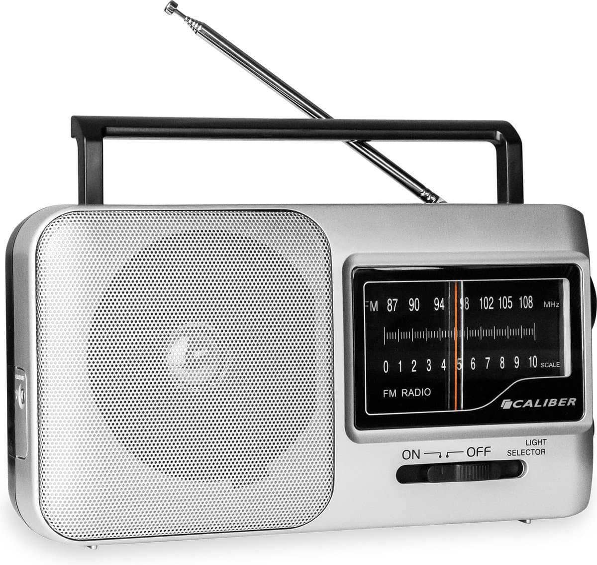 Caliber Noodradio met Zaklamp - Draagbare radio - Werkt op batterijen en op Netstroom - Retro radio - FM radio - Keukenradio - Noodradio Denk Vooruit - Handvat - Koptelefoonaansluiting - Zilver (HPG317-R)