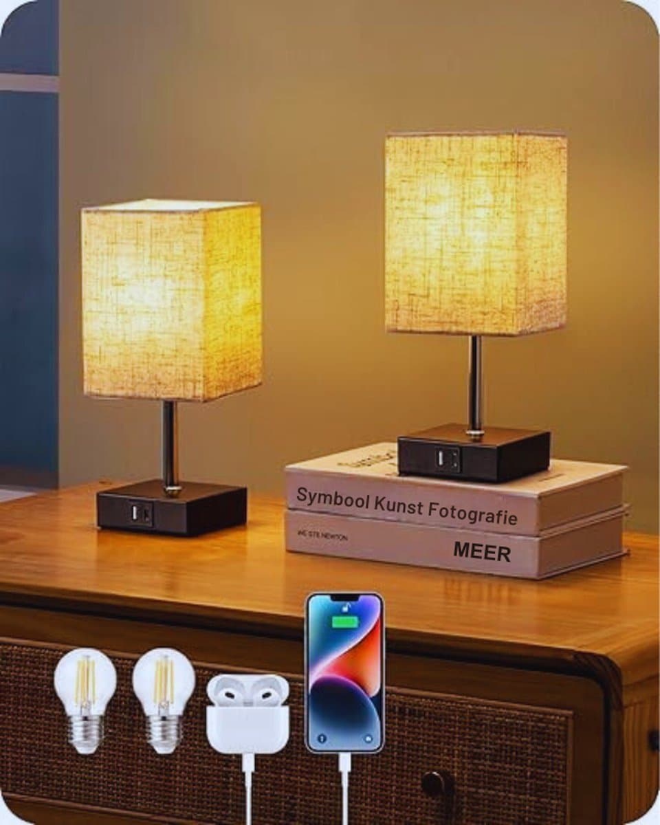 Set Van 2 Tactiele Bedlampen Met USB-A & USB-C Oplaadpoort- E27 LED-lamp En 3 Verstelbare Helderheden - Beige Tafellamp Voor Slaapkamer En Woonkamer