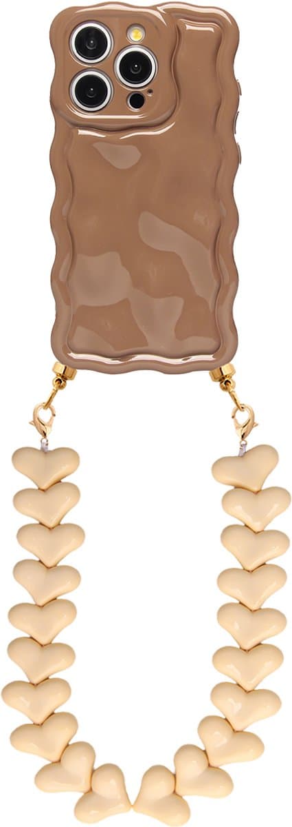 Casies Wavy hoesje geschikt voor Apple iPhone 12/12 Pro met creme hartenkoord - telefoonhoesje met chunky hartenkoord - Bruin - Cord case