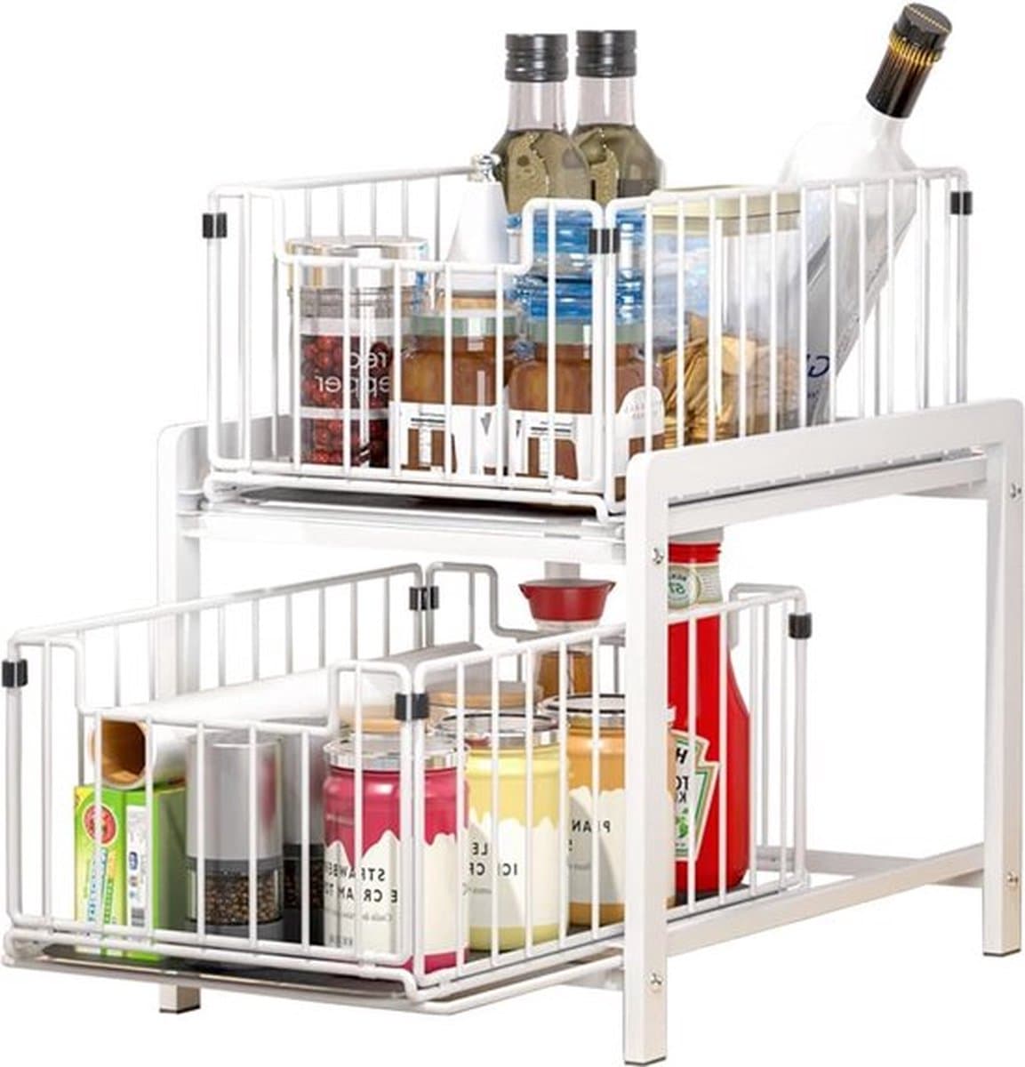 Keukenrek, rek met 2 mand-laden, onderkastrek, 2 niveaus, kruidenrek, roestvrij staal, schuiflade, opslag, badkamer, organizer, rek voor thuis en kantoor (normaal, wit wit)