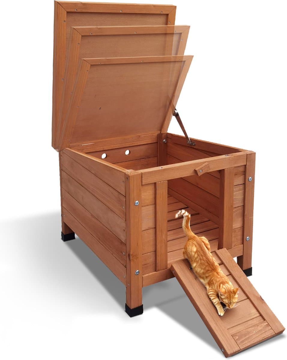 Lion D'or® - Kattenhuis voor Buiten - Kattenhuis - Kattenhok - 42x44x43 CM - Kattenbak - Hout - Weerbestendig