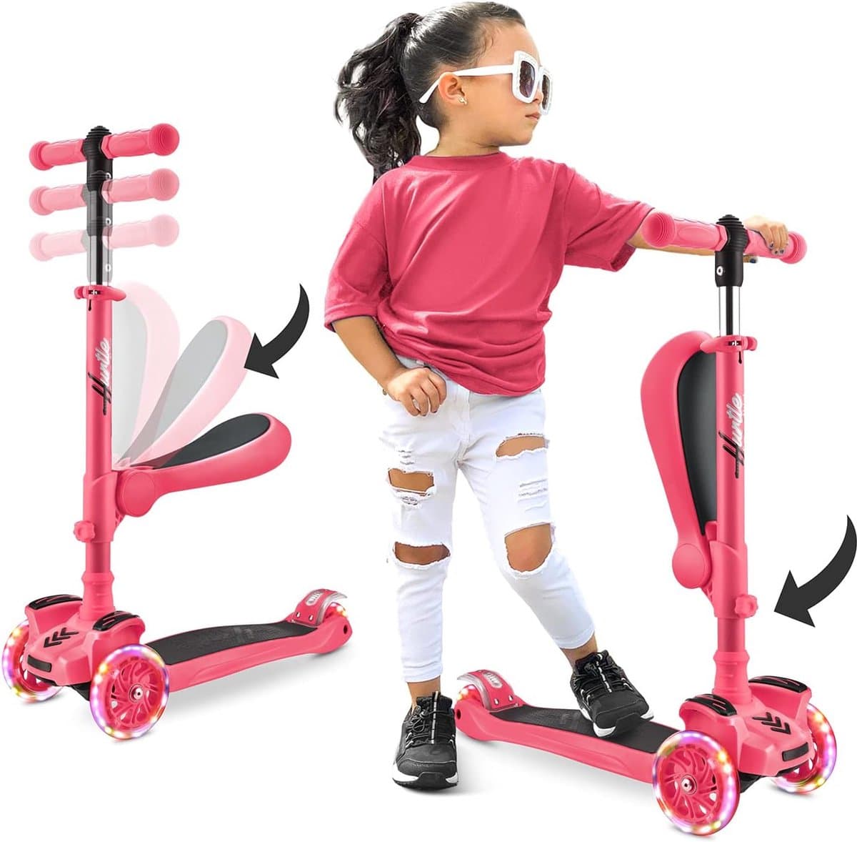 Hurtle Kinderstep - 3 Lichtgevende LED Wielen - Opvouwbare Scooter met Verstelbare Hoogte, Antislip Platform - Watermeloen