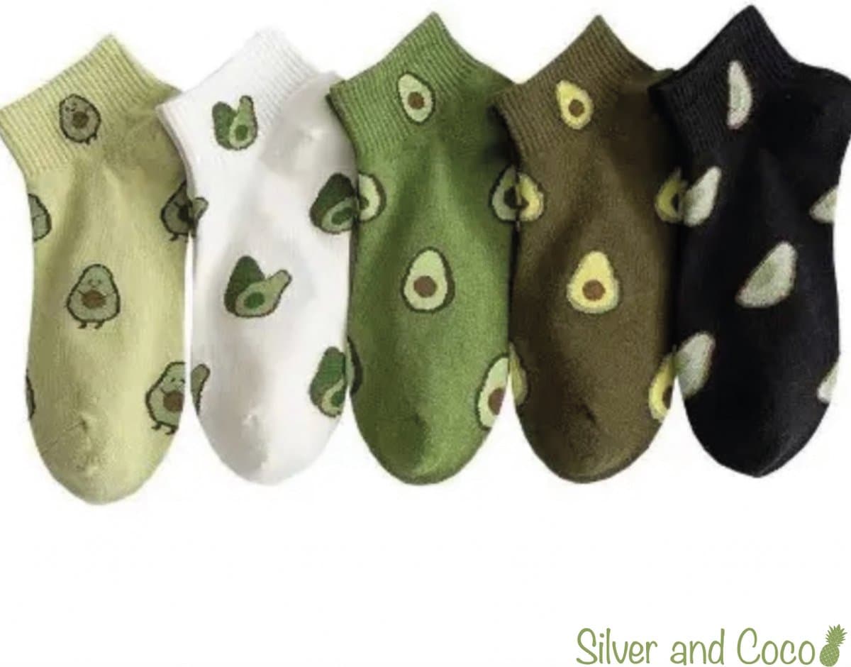 SilverAndCoco® - 5 paar Avocado Sokken Set / Gekke Vrolijke Foute Happy Kleding voor Volwassenen / Leuke Grappige Dikke Warme Heren Vrouwen Socks / Verjaardag Sok Outfit Katoen / Mannen Vrouwen Kerst Cadeau met Tekst / Enkel Sokjes