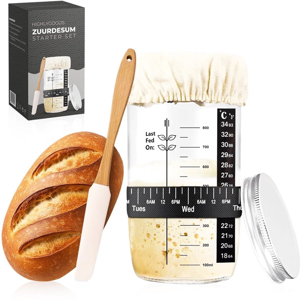 Highlygoods® Zuurdesem Starter Set - Zuurdesembrood Bakken Starterskit - Sourdough Kit - Borosilicaatglas Pot - Rijsmandje - Banneton – Fermenteren - Bakspullen Pakket – Bakset – Brood Maken Accessoires - Broodbakken Bakgerei - Siliconen Rubber