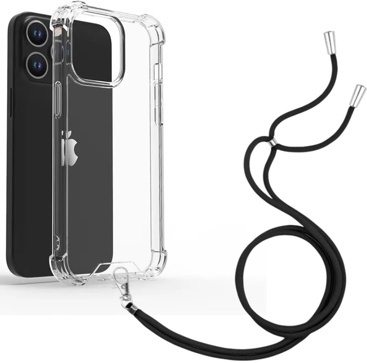 Shock Proof Case Hoes Geschikt voor iPhone 14 Hoesje Transparant Met universele Telefoonkoord zwart - Cover - Nek Hanger - Koord Hoes
