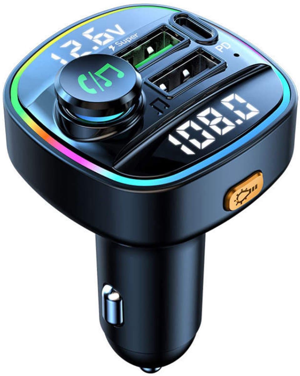 FM Transmitter Bluetooth® - Autolader - Draadloze Carkit - RGB Light - 2x Fastcharger USB Poort - USB-C Poort - Handsfree Bellen - Voor Alle Telefoons - FM Transmitter Auto - Bluetooth 5.0