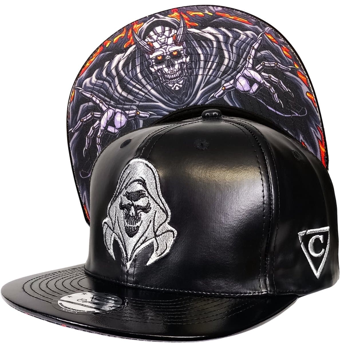 Capiche® Snapback Pet – Robot Reaper – Zwart Kunstleer & Zilver Borduursel – Verstelbaar met Druksluiting – Druksluiting is Diamantvormig – Pet Mannen – Futuristische Pet Robot Collectie