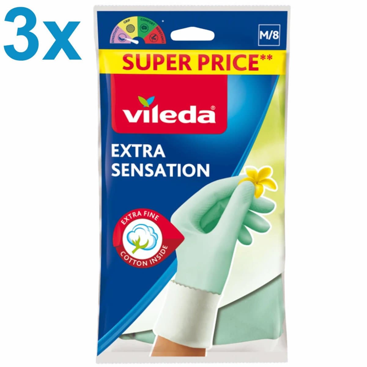Vileda Extra Sensation Huishoudhandschoenen – Maat M – Latex – Dun & Comfortabel – 3 paar - Voordeelverpakking - Voor Precisiewerk en Bescherming