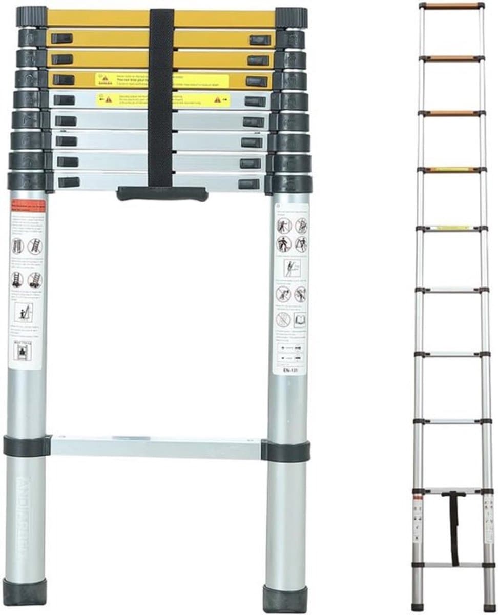 Professionele Telescoopladder – 3,8 Meter – Telescopische Vouwladder – Soft Close – Inklapbaar – Afneembare Haken – Zilver