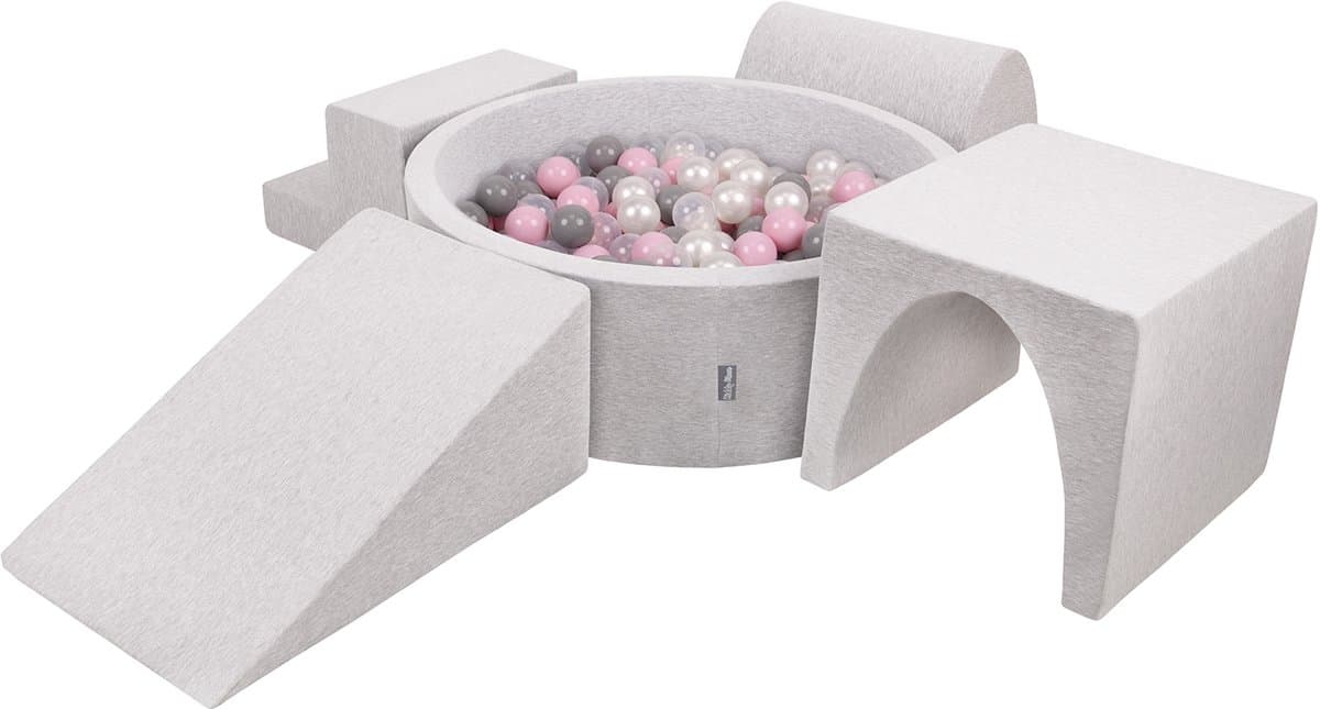KiddyMoon schuimspeelplaats met rond ballenbad (200 ballen) ballenbakken voor baby's speelbad hindernisbanen, made in the eu, lichtgrijs:pearl/grijs/transparant/powderroze