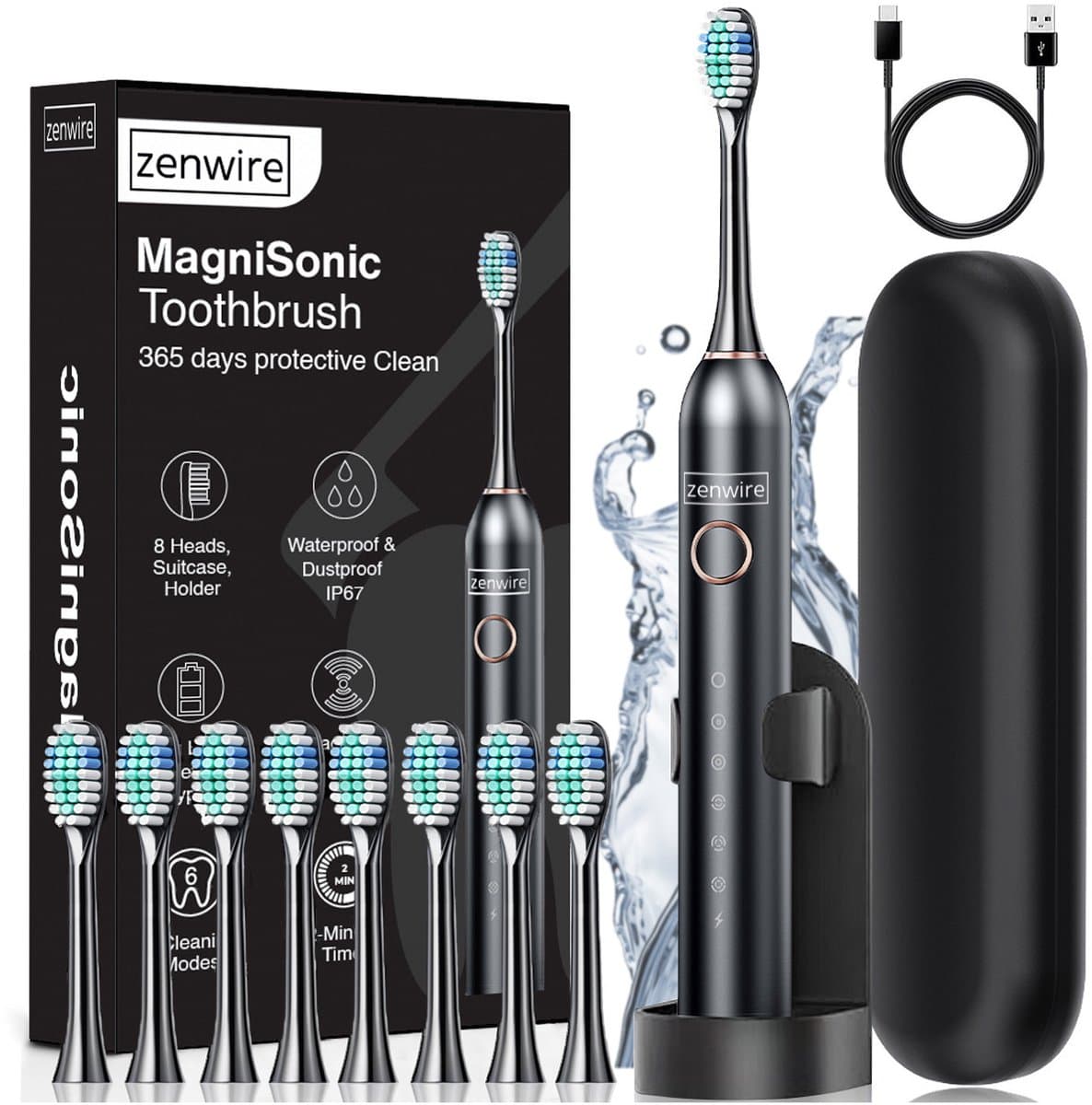 Zenwire MagniSonic 506 - Sonische tandenborstel - 97.000 trillingen/min - 6 standen - IP67 - USB-C - 60 dagen gebruik met magnetische motor - 8 tips - etui - standaard - oplaadkabel - Zwart