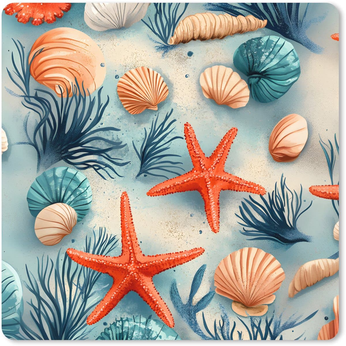 Muismat XXL 60x60 cm - Bureau onderlegger - Bureau mat Zeesterren - Schelpen - Illustratie - Zand - Bureaumat - Gaming mousepad xl - Bureaulegger groot - Computer deskmat