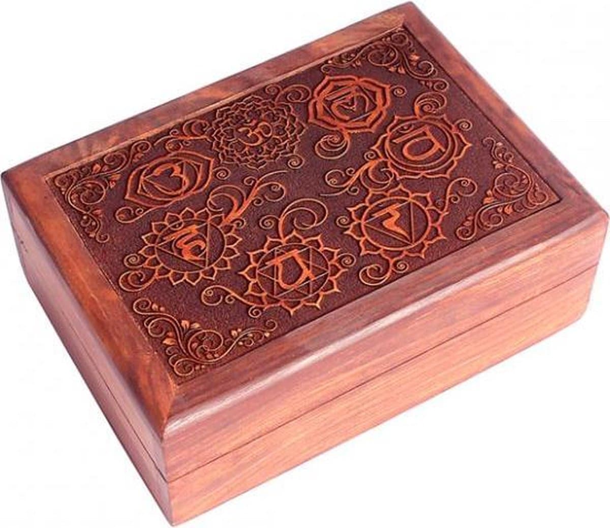 Tarotdoos 7 chakra's gegraveerd - 17.5x13x6.5 - Houten Sieradendoos