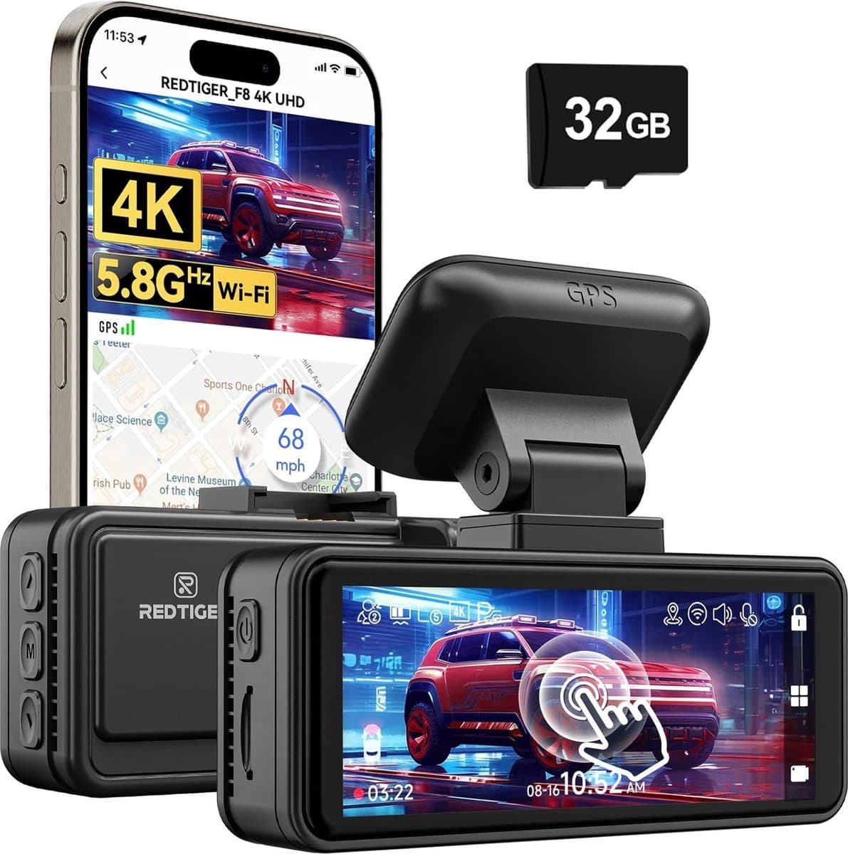 RedTiger F8 Pro Dashcam voor auto - Ultra 4K - Voor Camera - WiFi en GPS - 3,18 Inch met App - Dashcams - 2024 model - Sony Sensor - Nachtzicht - Parkeerbewaking - G Sensor - Loop opname -