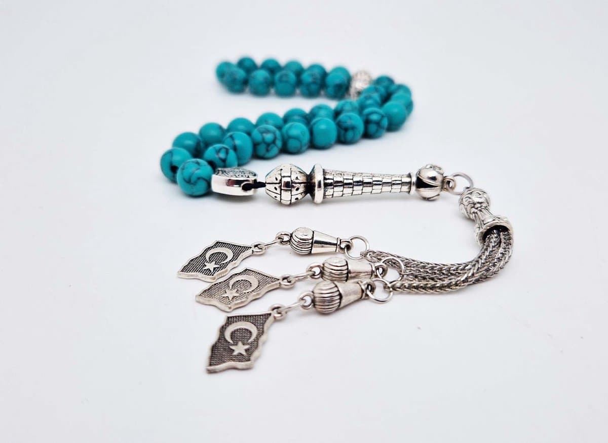 Handgemaakte tesbih "tasbih" natuursteen "Howliet groen" - Aantal kralen 33 - Diameter kralen 8 MM - met metaal tassel "model A1" - Een mooi cadeau-idee