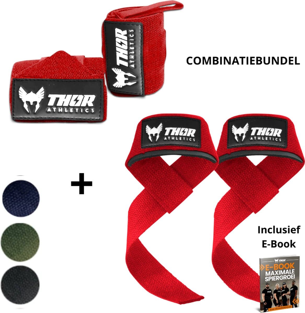 Thor Athletics Lifting Straps incl. Wrist Wraps 60cm (Extra Sterk) - Combinatie Bundel - Krachttraining Accessoires - Powerlifting Straps - Polsbrace - Rood - Inclusief E-Book - One Size