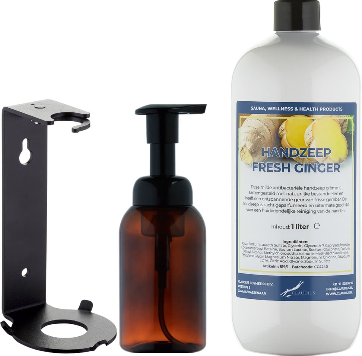 Zeepdispenser 300 ml amber bruin hervulbaar + 1 liter Handzeep Fresh Ginger navulling (inclusief beugel)