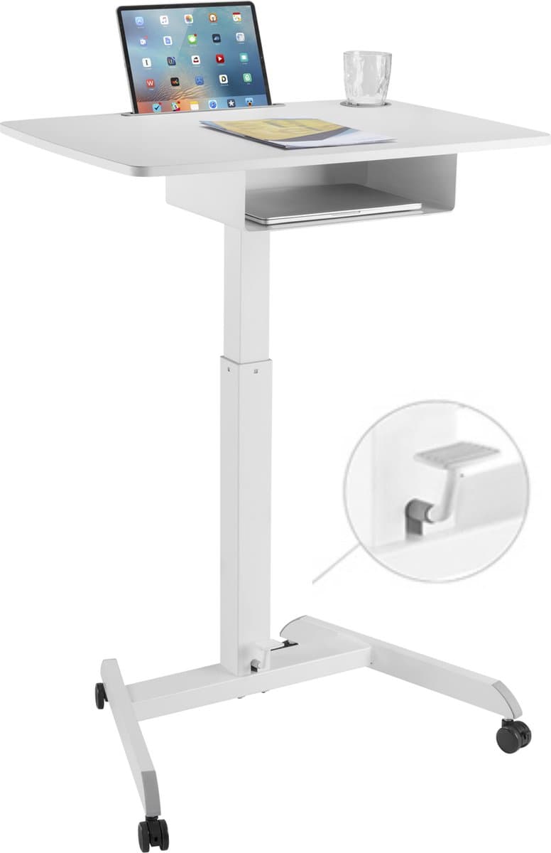 VDD Gaming - Katheder - Lessenaar - Bureau - Laptop Tafel - Zit Sta Bureau - Verrijdbaar - Workstation - Laptop Standaard - Laptoptafel - Bijzet Tafel op Wielen - Wit - In hoogte verstelbaar - Maximale hoogte 113 cm - Bureaublad - 80 x 58 cm