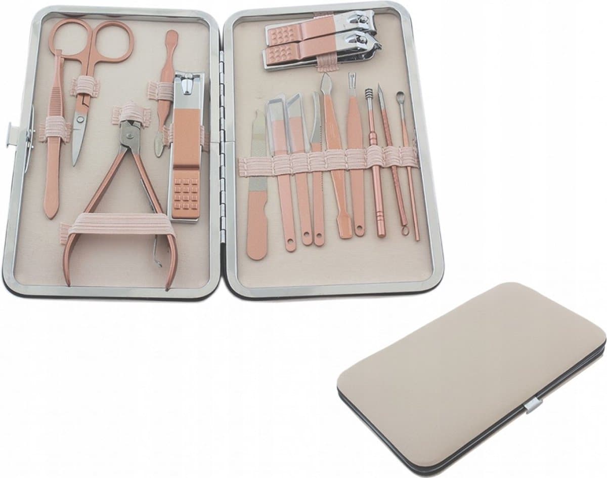 French Manicure & Pedicure Set - Uitgebreide 15-Delige RVS Nagel Gezicht Verzorging Set - Reisset Met Nagelknippers - Nageletui Manicureset Pedicureset Nagel Verzorging Nagelriem Trimmer Bokkenpoot & Nagelschaar - Met Lederen Etui - Roségoud Kleurig
