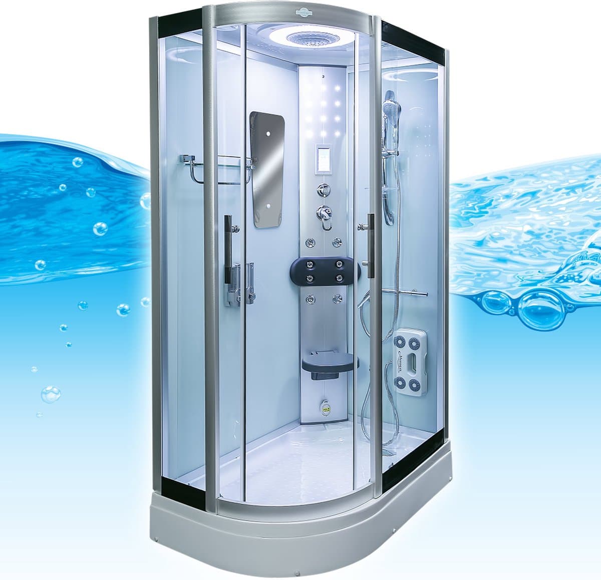 Complete Gesloten Douchecabine 120X80X215 Palma LINKS. MENGKRAAN. Luxe, Kit-Vrij, Wit, Veiligheidsglas, LED, Radio, Speakers, Zitje, Massage, Hoekmodel, Kwartrond, Schuifdeuren, Douchebak, Afvoer, Sifon, Verschillende, Full Options. Royal Sanitair