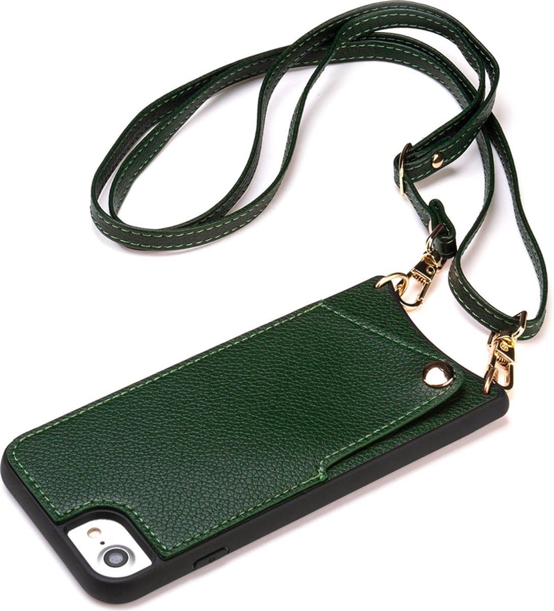 CaseBoutique Koord Backcase Hoesje - iPhone SE (2022/2020) & iPhone 8/7 - Donkergroen Kunstleer - Met Crossbody Koord & Pashouder
