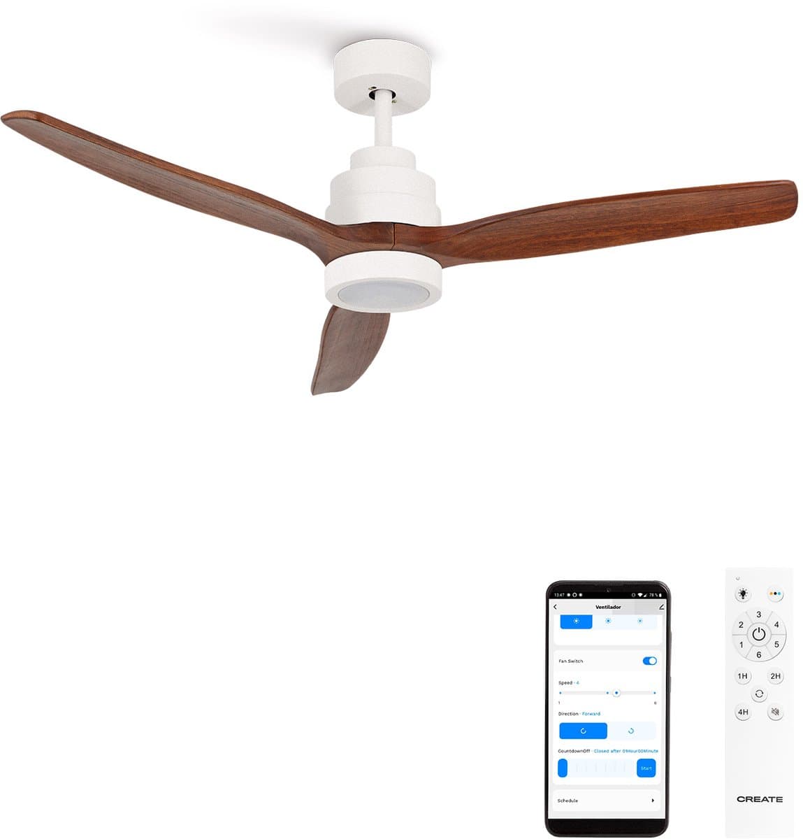CREATE - Stille plafondventilator van 40 W met technische ABS-bladen, verkrijgbaar in verschillende maten - M - Met licht- WIFI - WIND STYLANCE