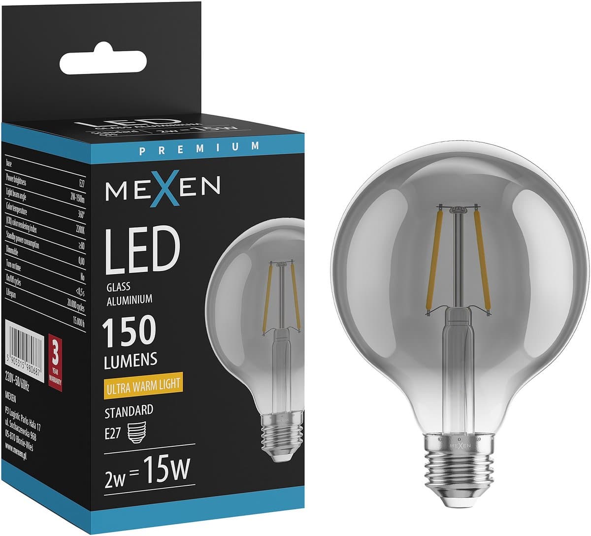 Mexen Vintis LED-filamentlamp E27, G95, 2W, Warm - 2200K, 150 lm, rook - L157-E27-0222-70