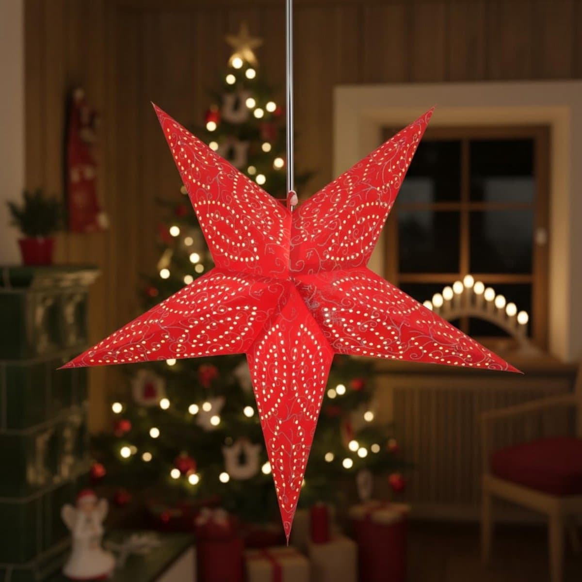 Opvouwbare Papieren Ster met Licht, Kerstverlichting 60 cm, Rood