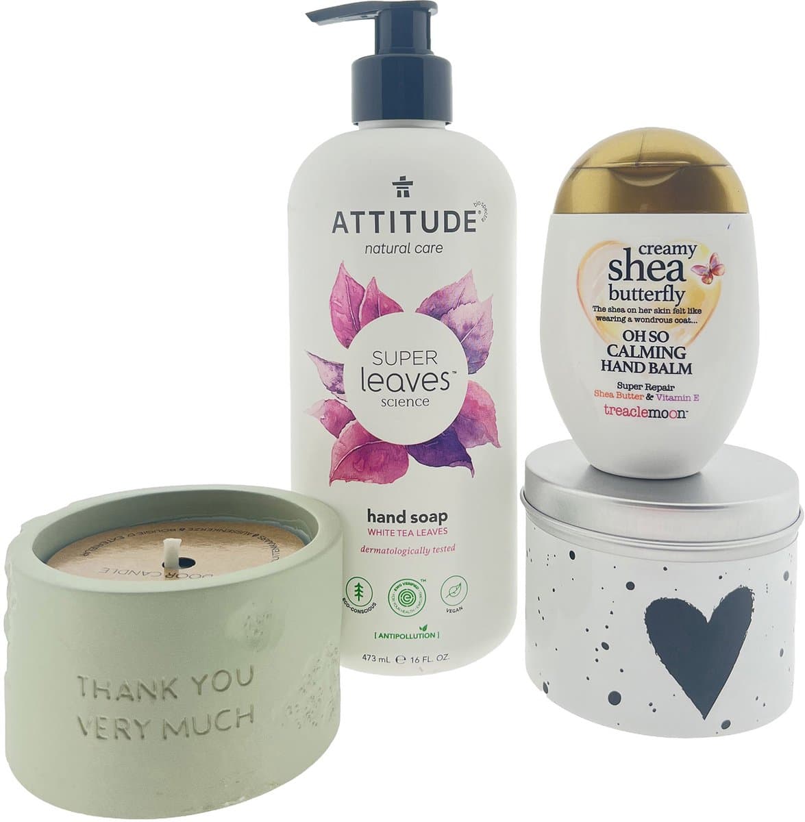 Attitude Cadeauset Bedankt - Attitude Super Leaves Handzeep Witte Thee - Treaclemoon Handcreme Shea Butter - Kaars thank you for all you do - Snoepblikje Hart