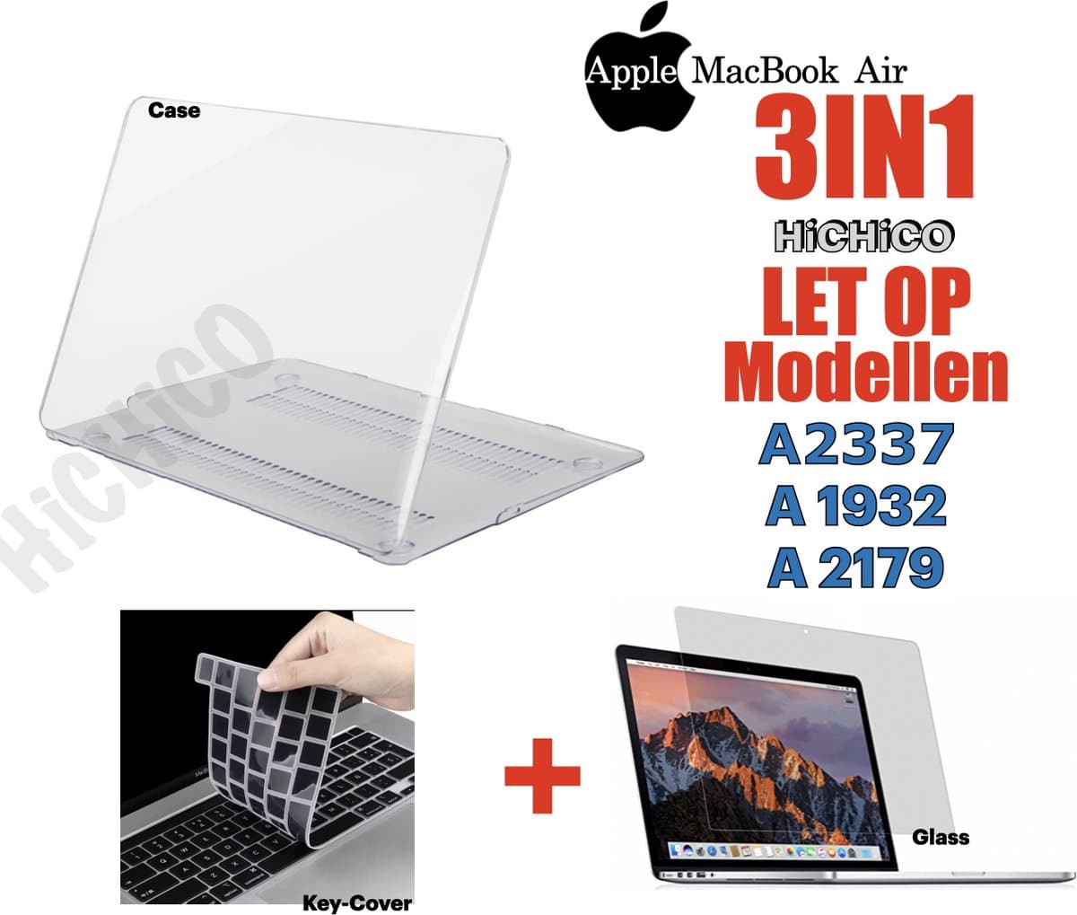 MacBook Air 13 Inch (2018/2019/2020) - MacBook Air - MacBook Case - MacBook Air Case - MacBook Air Beschermglas (Cover Case, Screen Protector, Keyboard Cover) 3IN1. Let Op! Modellen A2337en A2179 (2020) A1932 (2018,2019) - HiCHiCO