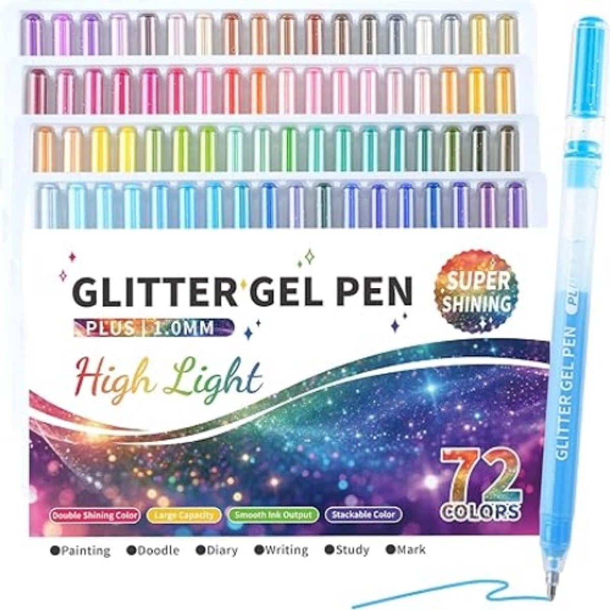 Namajunas - 72-delige Glitter Gelpennen Set – Dubbele Glans Metallic Kleuren – 1.0 mm Punt – Hoge Inktcapaciteit – Soepele Schrijfpenselen – Ideaal voor Adult Coloring, Journaling, Tekenen en Creatieve Kunstprojecten