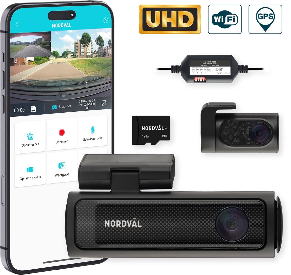 Nordväl DC202-2CH Dashcam – Incl. 128GB SD Kaart & Parkeermodus kabel set – 4K Ultra HD voor en 2K QHD achter – Wifi – GPS – Parkeermodus – Dashcam voor auto - Auto Camera