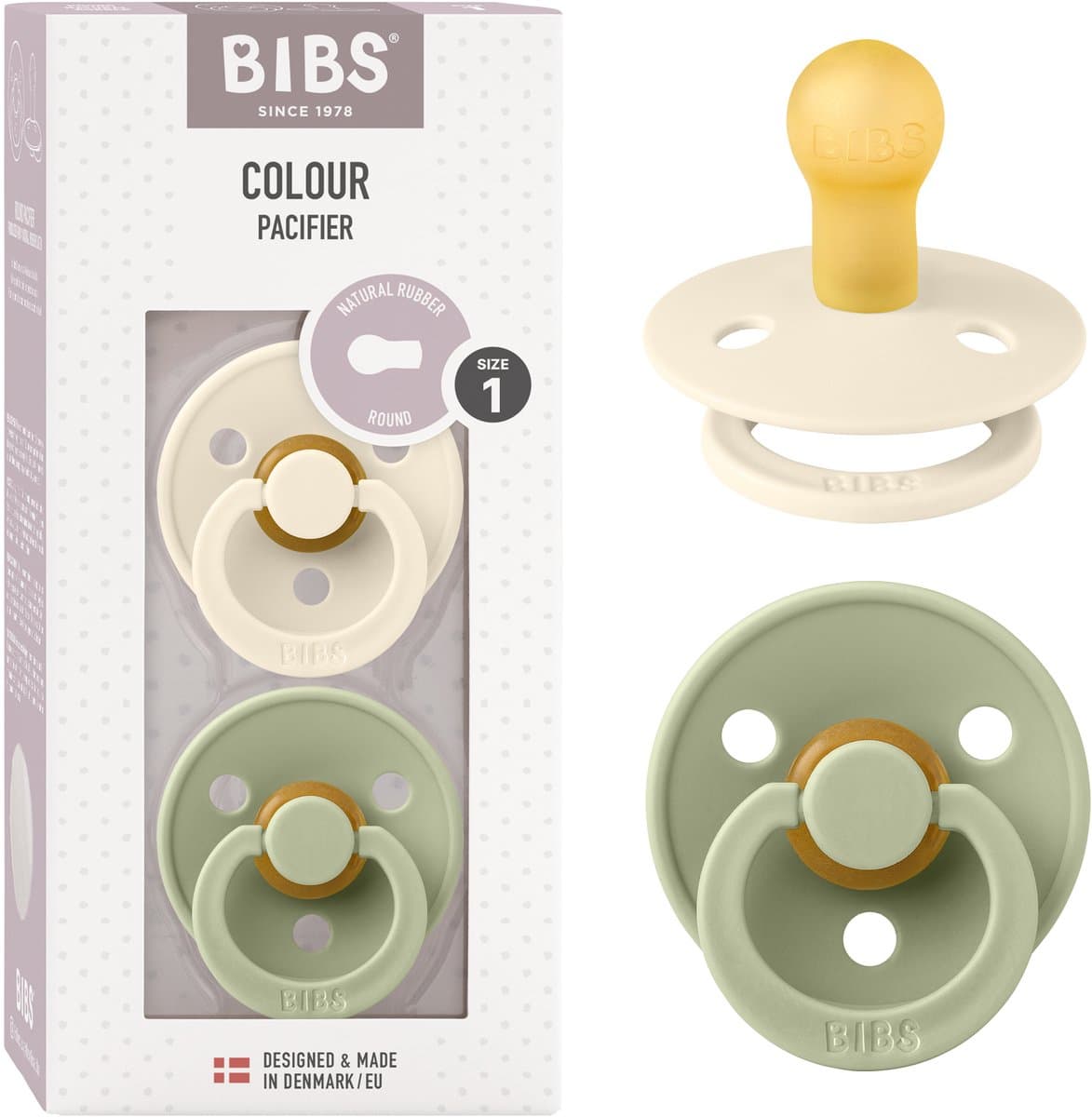 BIBS Colour Speen verpakking van 2 stuks. BPA-vrij, Ronde speen. Natuurlijk rubberlatex, Gemaakt in Denemarken. Maat 1 (0-6 maanden), Ivory / Sage