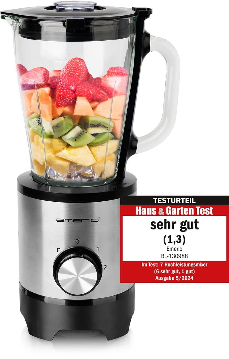 Emerio Blender RVS - Inhoud 1,5L – Smoothie Maker met Glazen Kan - 500W - BL-130988 - Zwart / Zilverkleuring