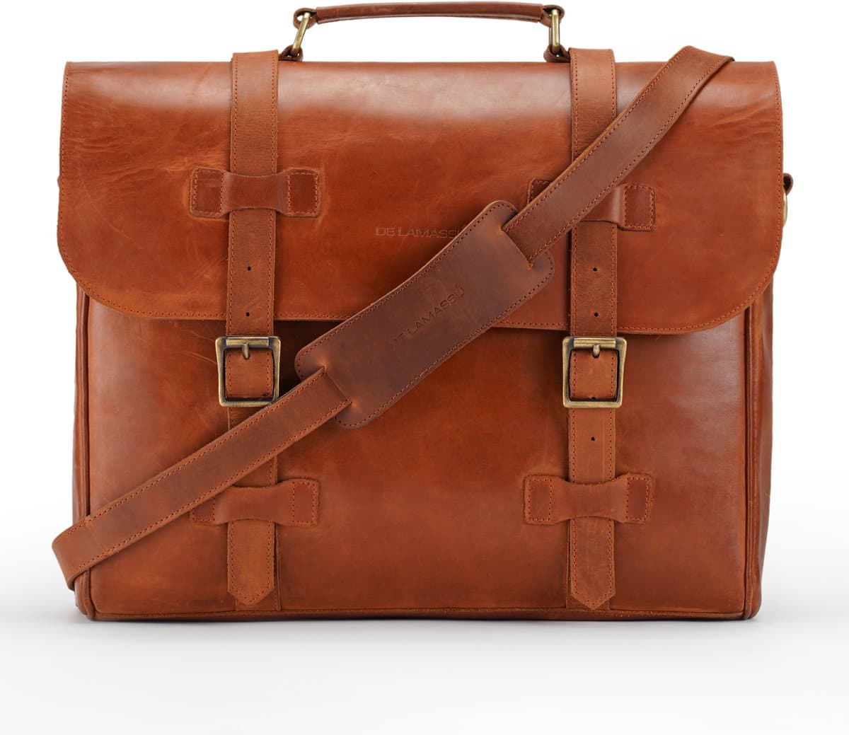 DE LAMASSU® Bastien Leren Aktetas 17 inch – Unisex Business Laptoptas van Volnerf Rundleer – Vintage Werktas met Dubbele Gesp