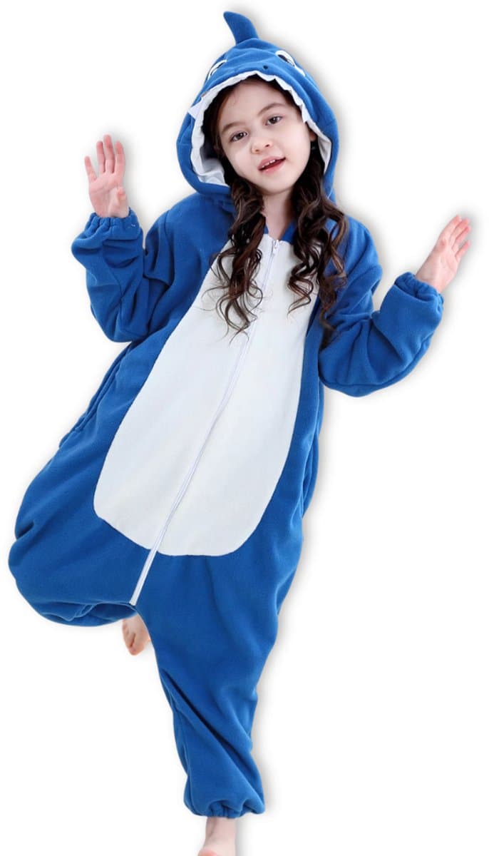 BoefieBoef Dieren Onesie Haai voor Kinderen 9-12 Jaar – Pyjama Dieren Verkleedpak – Warme Flanel Jumpsuit met Capuchon – Knuffelpak & Huispak – Zwemles – Carnaval, Halloween & Sinterklaas Cadeau – Jongens & Meisjes - Blauw