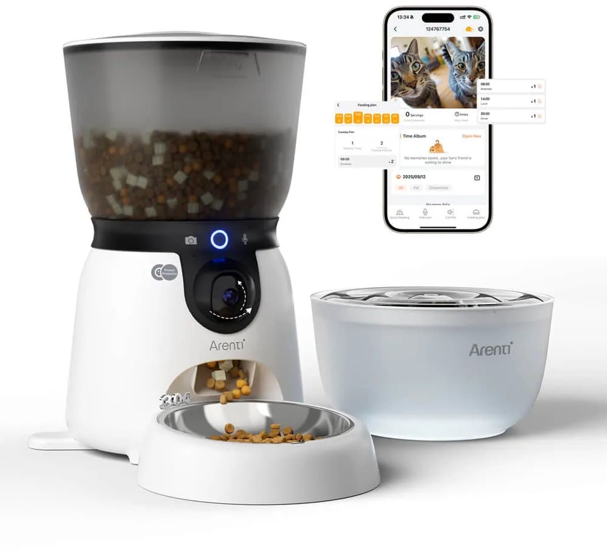 Arenti Petfeeder2 64GB Automatische Voerbak 4L Met Beweegbare Camera - 3L Fontein - Kat & Hond – Slimme Voerdispenser met Camera – 3MP (2K) Met Night Vision – Two-Way Audio – Voerautomaat met App – Dual band Wifi – Voor Katten & Honden – Gratis App