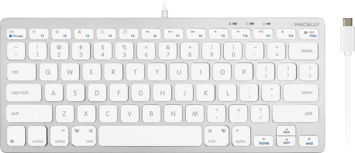 Macally UCSLIMKEYCA Compact bedraad USB-C toetsenbord voor Apple Mac en iPad - Witte toetsen - U.S. Engels (QWERTY) layout