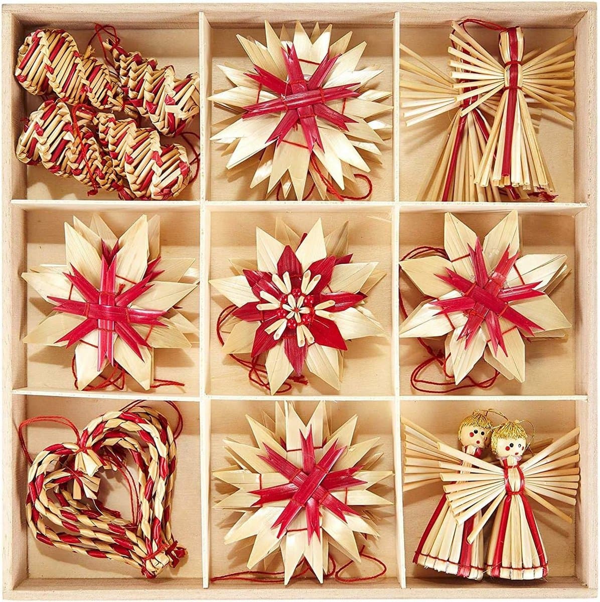 Kerstboomversiering van stro - stro boomversiering met rode accenten - Cadeau Versiering - kerstboomhanger van natuurlijk materiaal - 25-delige set